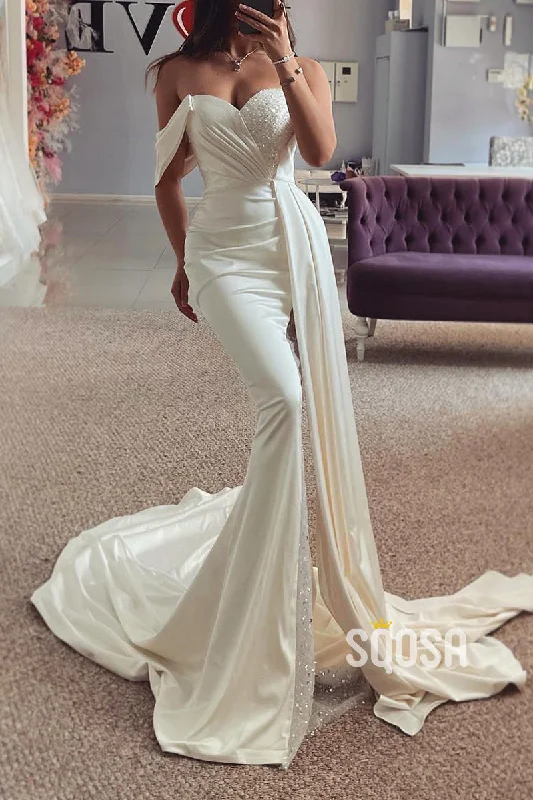 off-shoulder dressSatin Trumpet Off-Shoulder Pleats Beaded With Train Wedding Dress QW8149