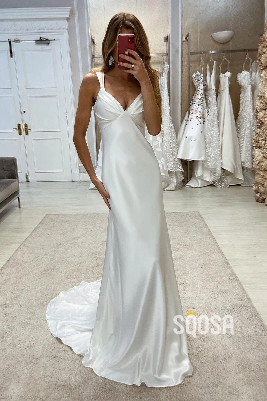 satin midi dressV-Neck Spaghetti Straps Sleeveless Open Back With Train Beach Wedding Dress QW8094