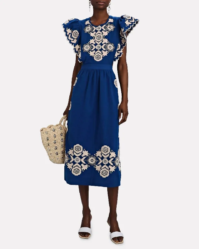 pleated dressManuela Embroidered Apron Midi Dress in Blue