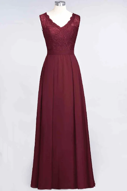 comfy maxi dressBurgundy A-line Illusion Lace Neck Chiffon Long Bridesmaid Dress