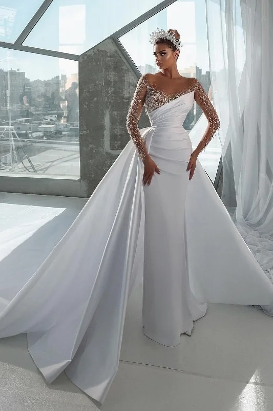 cocktail dressIllusion Neckline Luxury Beads Long Sleeves Wedding Dress QW0926