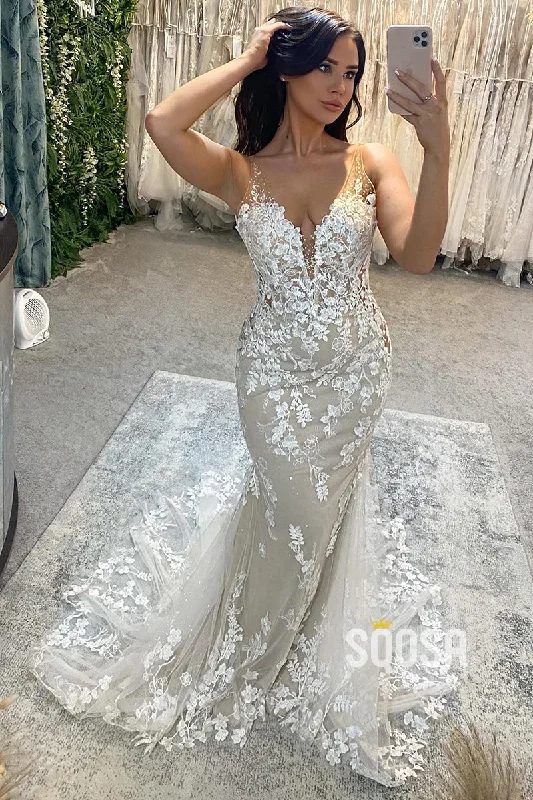 party dressAllover Lace Wedding Dresses V-Neck Mermaid Bridal Gown QW2209