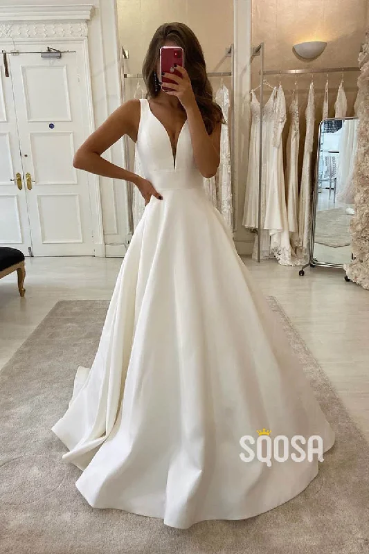 fitted cocktail dressA-Line V-neck Ivory Satin Simple Wedding Dress Backless Bridal Gowns QW0946