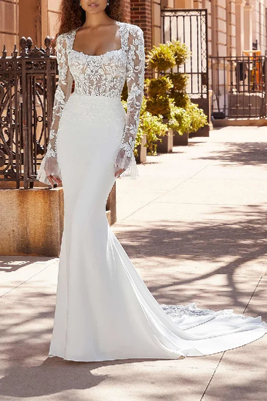 sleek dressMermaid Wedding Dress Square Neckline Long Sleeves Boho Wedding Gown QW2293