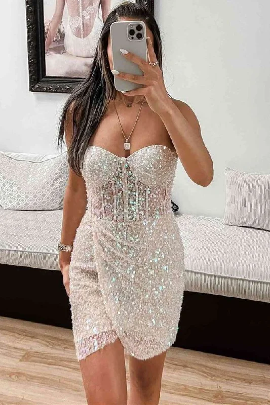 fitted dressWhite Sheath Sweetheart Sequins Homecoming Dress