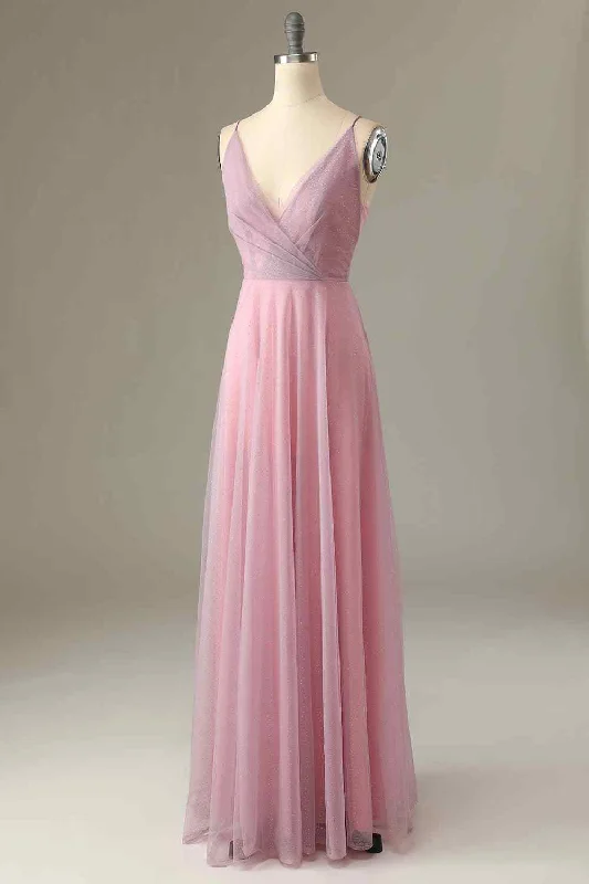 cocktail party dressPink Sparkly A-line V Neck Pleated Long Bridesmaid Dress