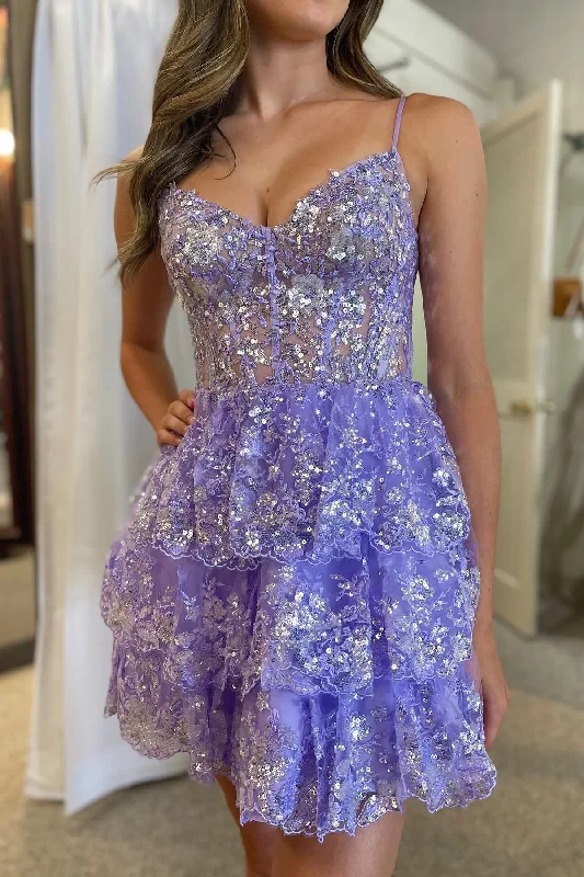 silk dressLavender Straps Sequined Multi-Layers Tulle Homecoming Dress Y2832