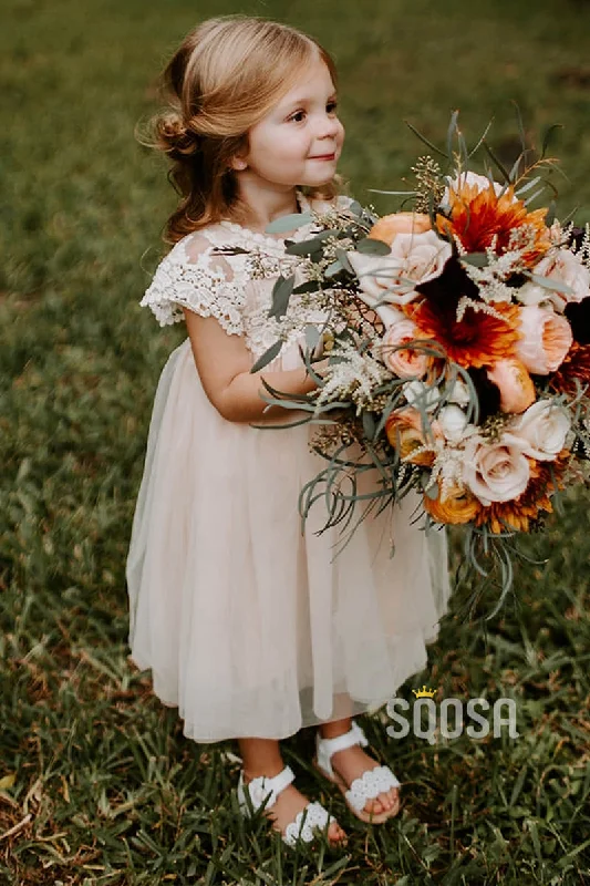 stylish dressRound Neckline Lace Short Sleeves A-Line Cute Flower Girl Dress Tea-Length QF0821