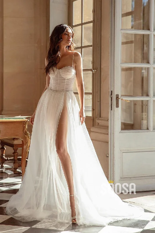 vintage-inspired dressA Line Spaghetti Straps Sweetheart Pleats Bohemian Wedding Dress QW2132