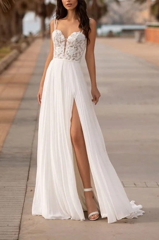 sophisticated dressA Line V Neck Lace Appliques Side Slit Boho Beach Wedding Dress QW2601