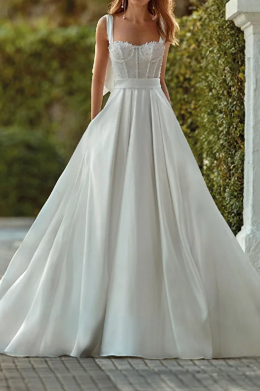 tiered dressA line Sweetheart Pearls Satin Wedding Dress with Pockets QW2117