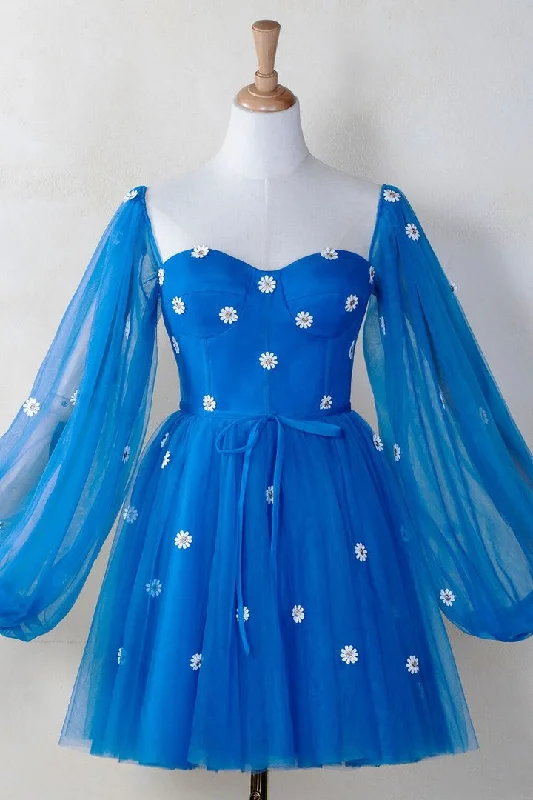 playful dressBlue Tulle Illusion Long Sleeves Daisy Appliques Homecoming Dress