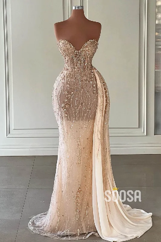 modern dressLuxurious Strapless Illusion Beaded Champagne Long Prom Dress Evening Gowns QP3167