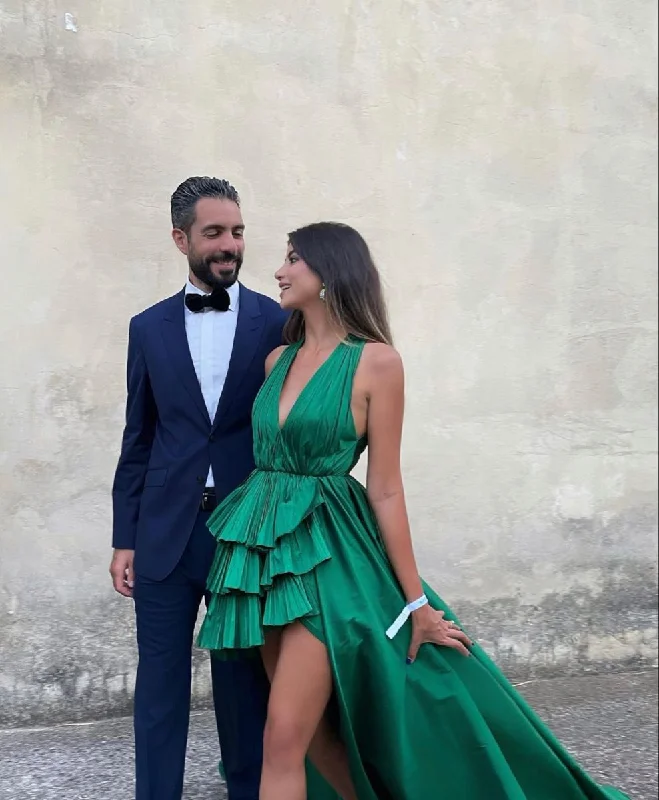 draped dressGreen A-line Hi-low Prom Dress,Green Winter Party Dress Y3098