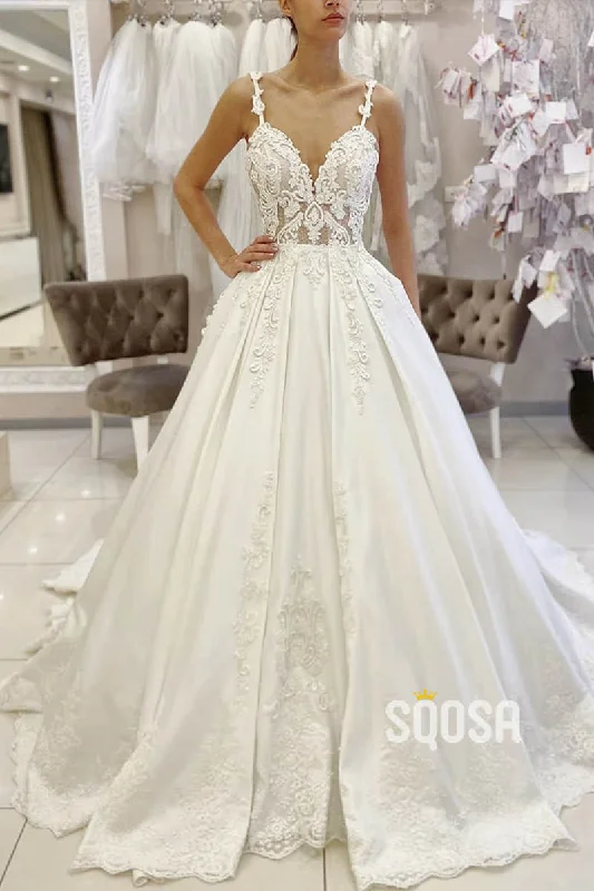 pleated maxi dressBall Gown Spaghetti Straps Satin Appliques Rustic Wedding Dress Bridal Gown QW2258