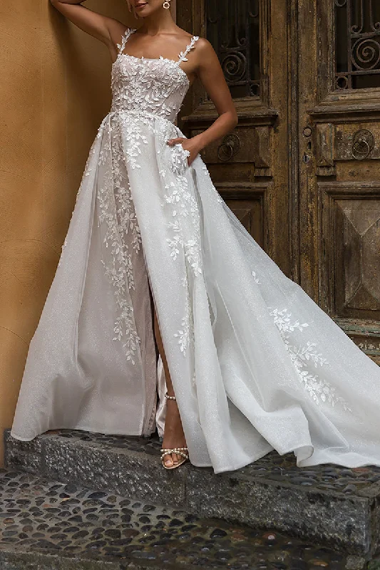 structured dressA Line Square Lace Appliques Rustic Wedding Dress with Slit QW2588