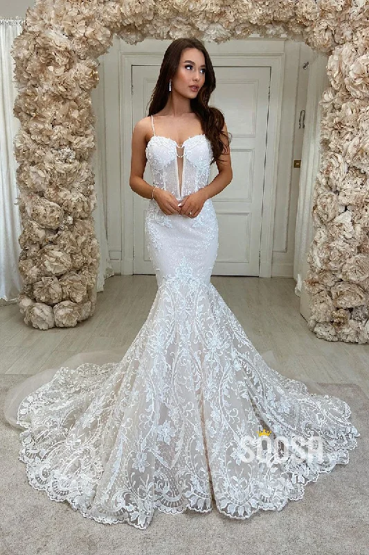 wrap-around dressPlunging V-neck Allover Lace Wedding Dress Mermaid Gown QW2675