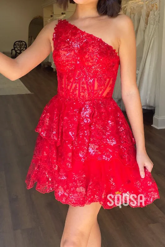 romantic dressSatin A-Line One Shoulder Lace Sequined Party/Homecoming Dress QS2549