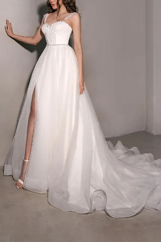 luxury dressA Line Sweetheart Beads Tulle Simple Wedding Dress QW2645