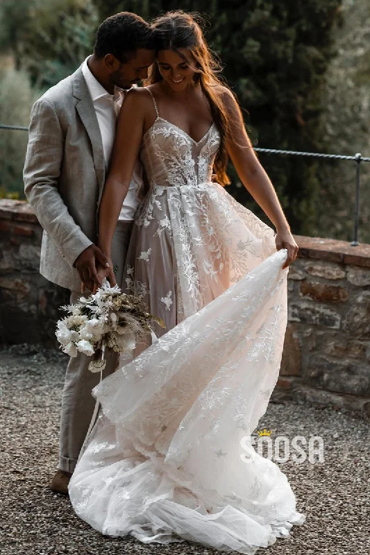 off-shoulder dressA-line Spaghetti Straps Tulle Appliques Bohemian Wedding Dress QW2690