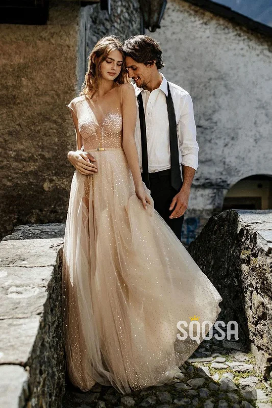 minimalistic dressIllusion Neckline High Split Bohemian Wedding Dress QW2528