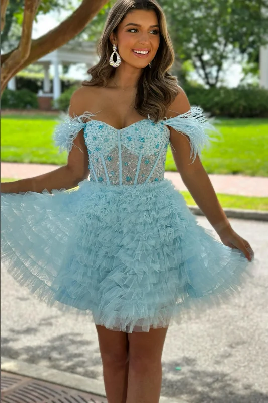 flowy dressA line Sweetheart Tulle Ruffles Cute Short Homeocming Dress QH2467