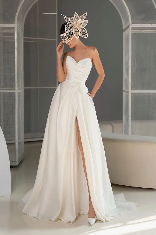 structured dressA Line Sweetheart Satin Pleats Simple Wedding Dress with Pockets QW0848