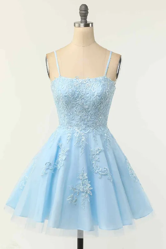 high-waisted dressLight Blue A-line Spaghetti Straps Lace-Up Back Applique Mini Homecoming Dress