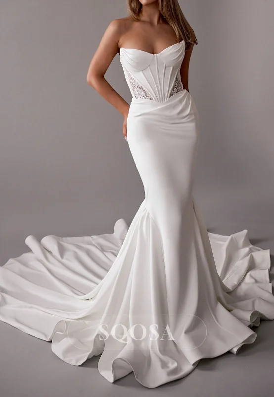 classic fit-and-flare dressSweetheart Sleeveless Off-Shoulder Pleated Cutout Satin Mermaid Wedding Dress with Train