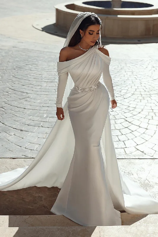 summer floral dressUnique One Shoulder Long Sleeves Satin Mermaid Wedding Dress QW0923