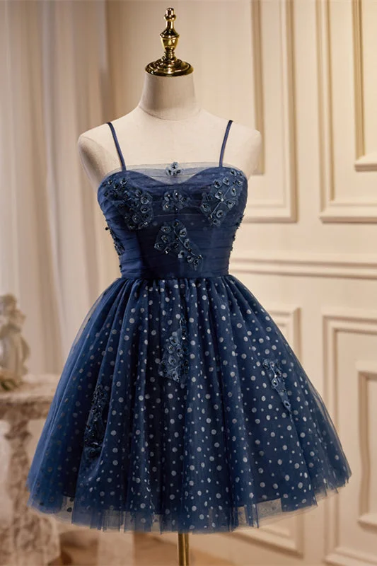 flowy maxi dressNavy Blue Sweetheart Straps Appliques Dots Homecoming Dress