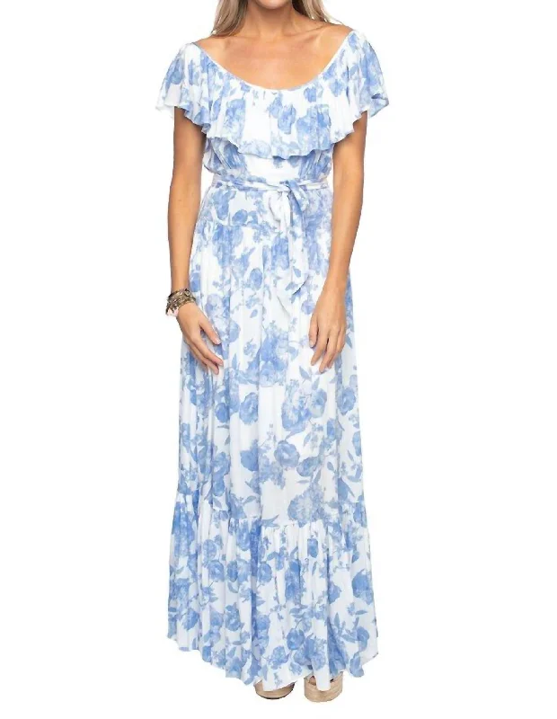 floral wrap dressHeather Tea Party Off Shoulder Dress in Blue Floral Print