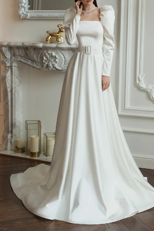 satin dressA Line Square Long Sleeves Satin Vintage Wedding Dress with Court Train QW2290