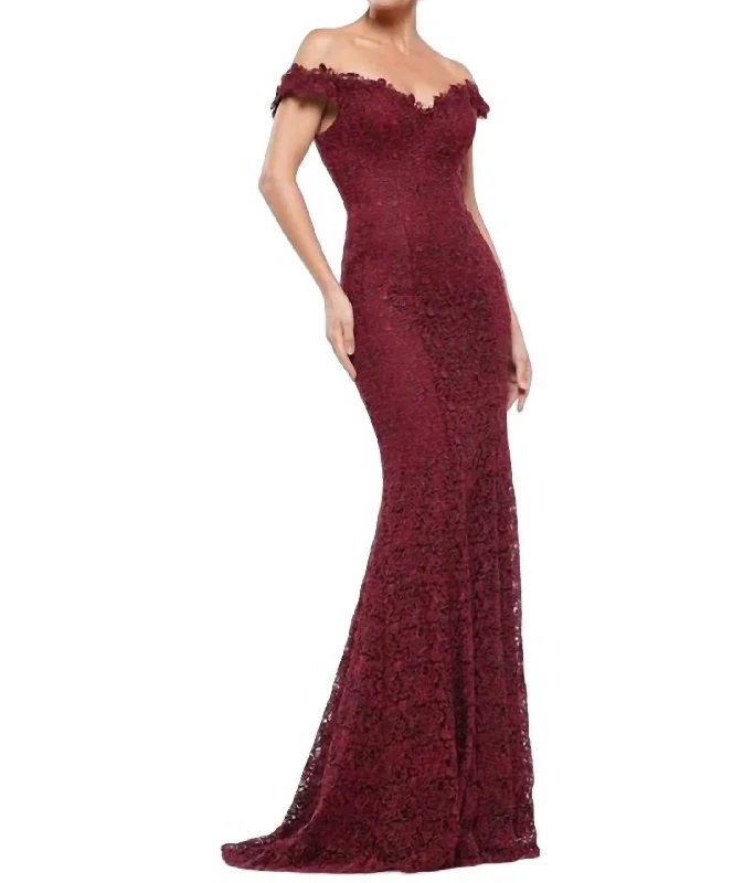 trendy bodycon dressOff Shoulder Lace Gown In Wine