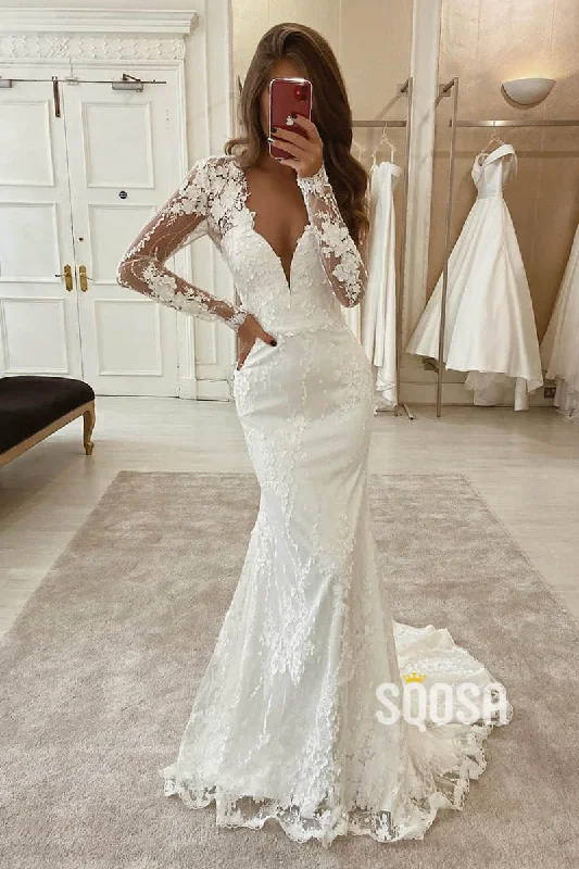 boho dressMermaid/Trumpet Wedding Dress V-neck Illusion Long Sleeves Lace Wedding Gown QW2257