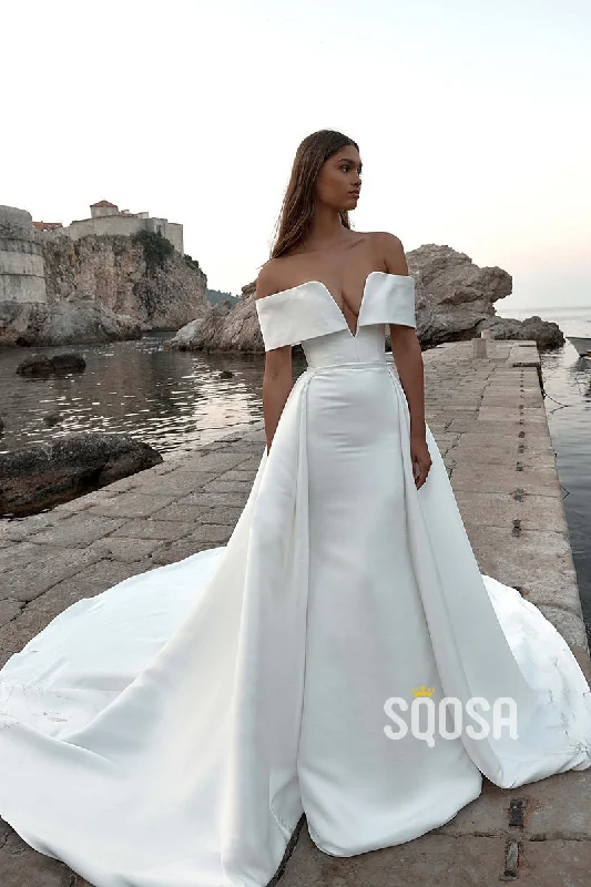 elegant shift dressA-Line Off-Shoulder V-Neck Satin Wedding Dress Bridal Gowns With Train QW8057