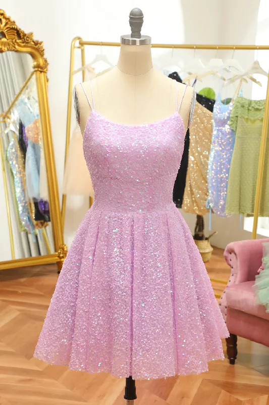 casual knit dressLilac Sequins A-Line Lace-Up Homecoming Dress Y2994