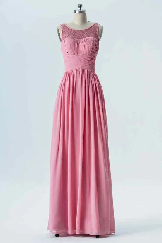 satin midi dressPink A-line Illusion Lace Jewel Pleated Chiffon Long Bridesmaid Dress