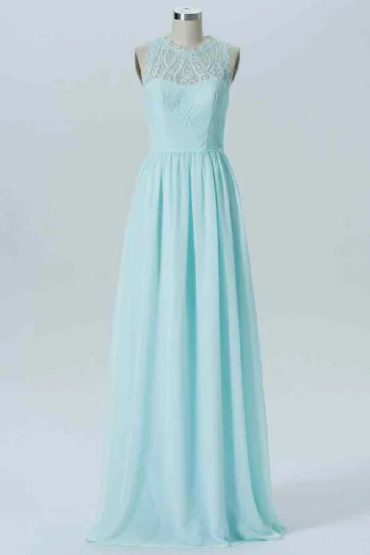 denim dressCaribbean A-line Lace Illusion Halter Chiffon Long Bridesmaid Dress