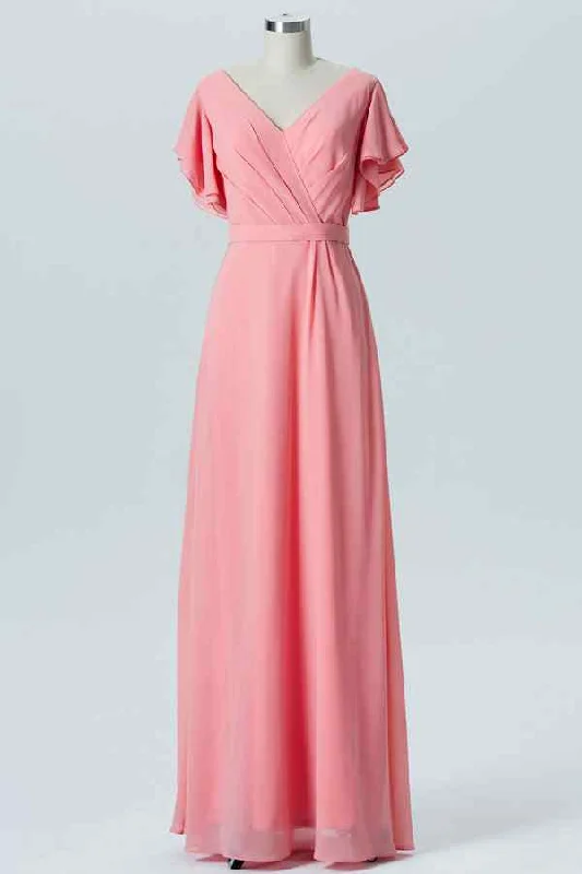 knit dressCoral A-line Faux-Wrap Chiffon Pleated Ruffle Long Bridesmaid Dress