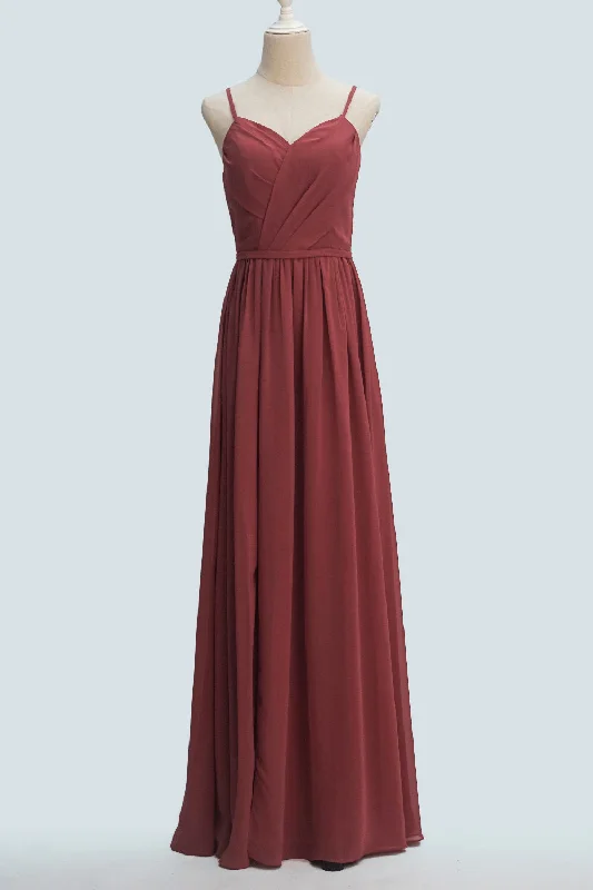 A-line dressScarlet A-line Spaghetti Straps Pleated Back Keyhole Long Bridesmaid Dress