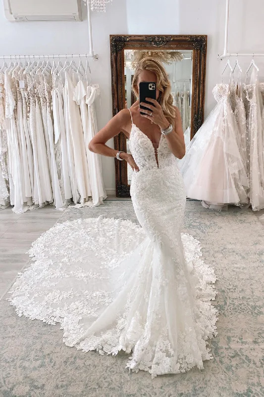 shift dressPlunging V -neck Spaghetti Straps Allover Lace Mermaid Wedding Dress QW2140