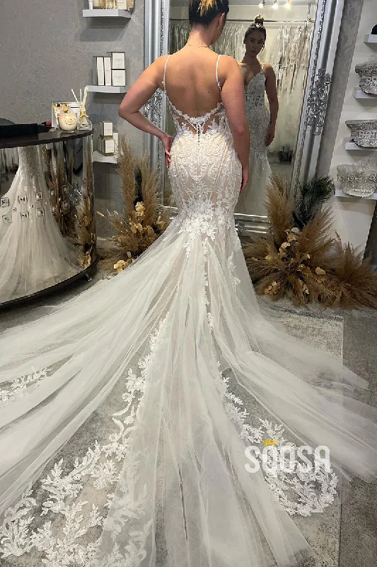 elegant shift dressSpaghetti Straps V-Neck Lace Appliques Mermaid Wedding Dress QW2572