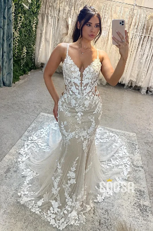 midi dressSpaghetti Straps Lace Appliques Mermaid Wedding Dress QW2237