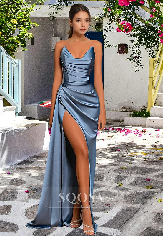 chic wrap dressV-Neck Off-Shoulder Sleeveless Pleated High Slit Sweep Train Satin Mermaid Prom Dress