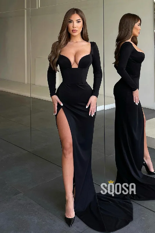 elegant evening dressSexy V-Neck Side Slit Long Sleeves Formal Evening Gowns QP1026