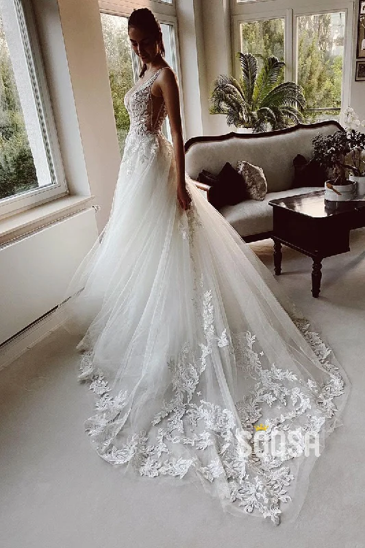 casual summer dressPlunging V-Neck Lace Applique A-line Rustic Wedding Dress Bridal Gown QW2114