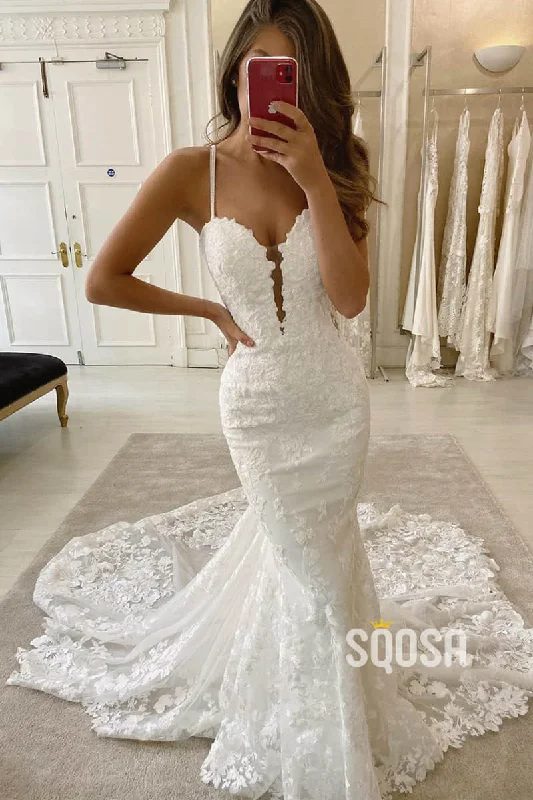 office dressMermaid/Trumpet Spaghetti Straps Lace Appliques Rustic Wedding Dress Bridal Gown QW2240