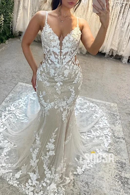 satin midi dressV-Neck Spaghetti Straps Lace Applique Sheer Trumpet Wedding Dress QW8156