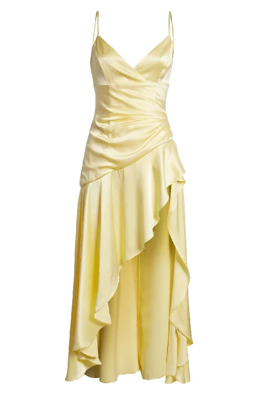 flowy evening dressYellow V Neck Ruffle Midi Dress,Fall Prom Dress Y2946